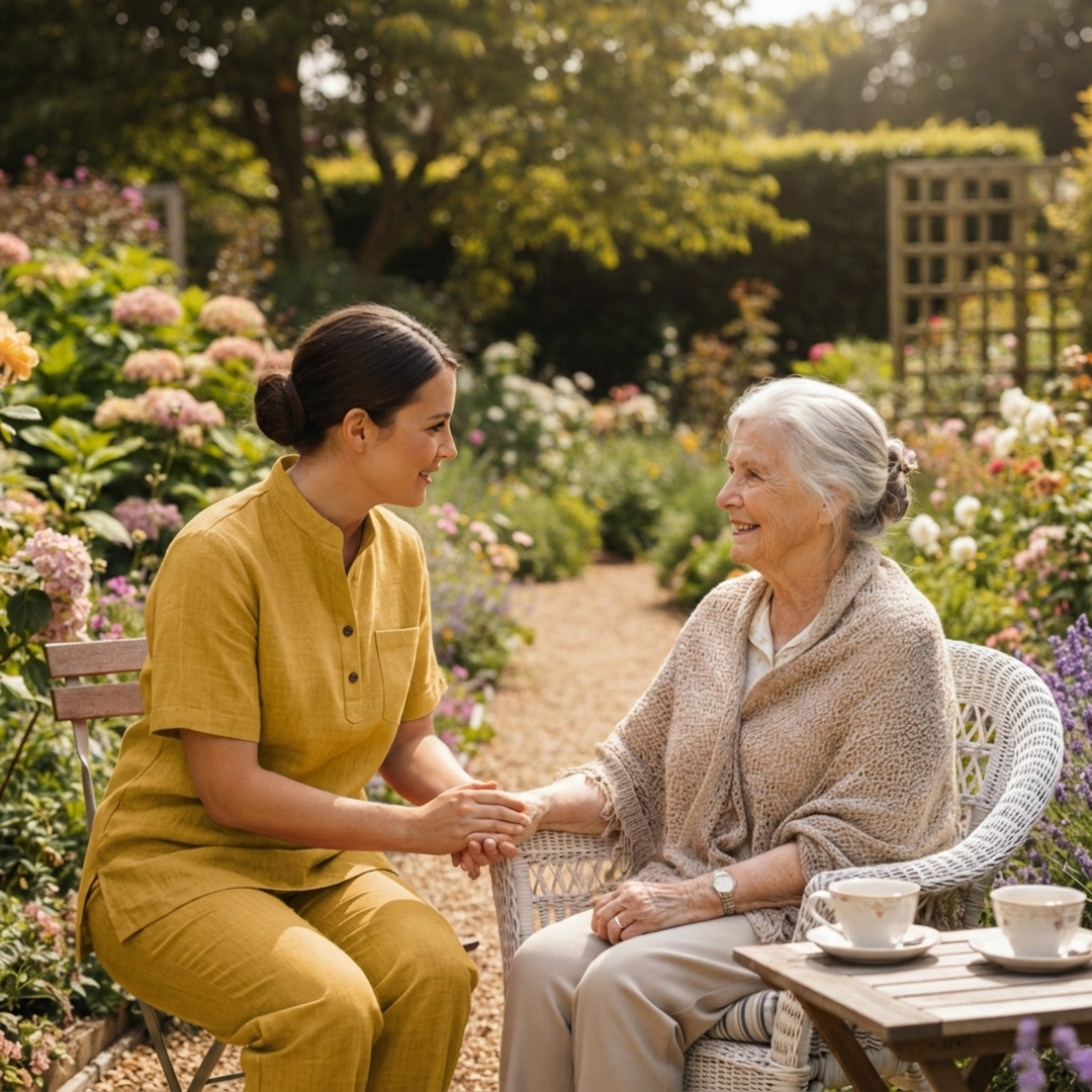Professional carer providing compassionate home care to an elderly person at home in Dorset